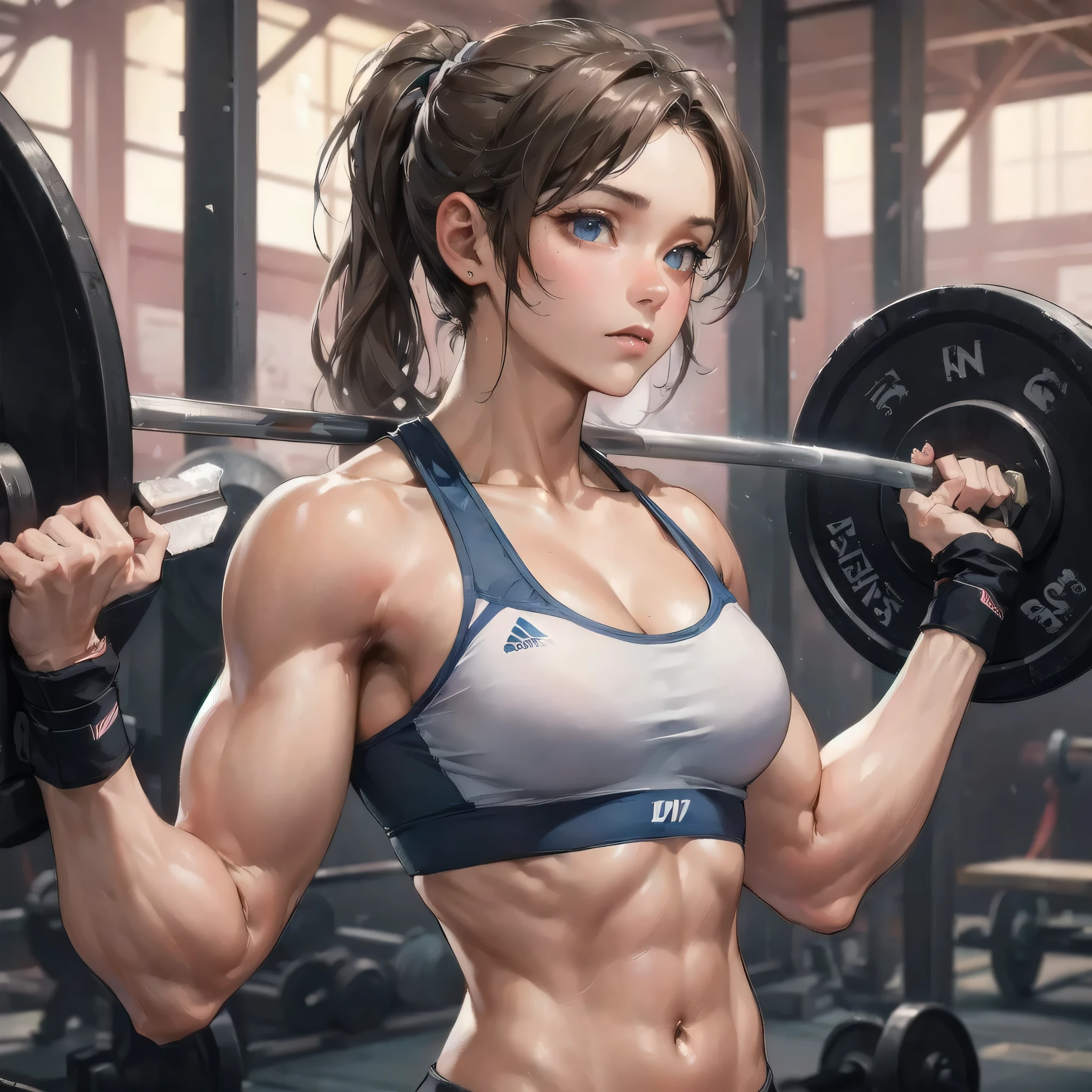 masterpiece, (textured skin), best quality, gorgeous beautiful girl, (a female weightlifting athlete), detailed clothes,large breasts,narrow waist,, (beautiful face), cinematic lighting, (at weightlifting venue ),