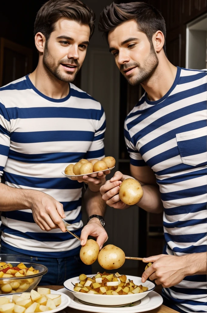 2 men eating potatoes with meat and the 2 men are happy and wearing striped shirts and strong