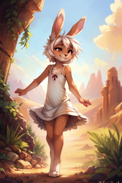 by kenket, by Zackary911, by hyattlen, by teranen, by fumiko, by Pixelsketcher, by Bayard Wu, by Einshelm, by Kilinah, by Hioshiru, by fluff-kevlar, by Dimwitdog, Furry, Anthro, solo, ((bunny)), ((female)), (slender), ((young)), ((fluffy tail)), floppy ears, ears down, short white hair, small breasts, short bunny tail, white see-through sundress, body visible through dress, chest fluff, erotic, desert, dirty, sweaty, ribs, smug, erotic pose, dynamic pose,
