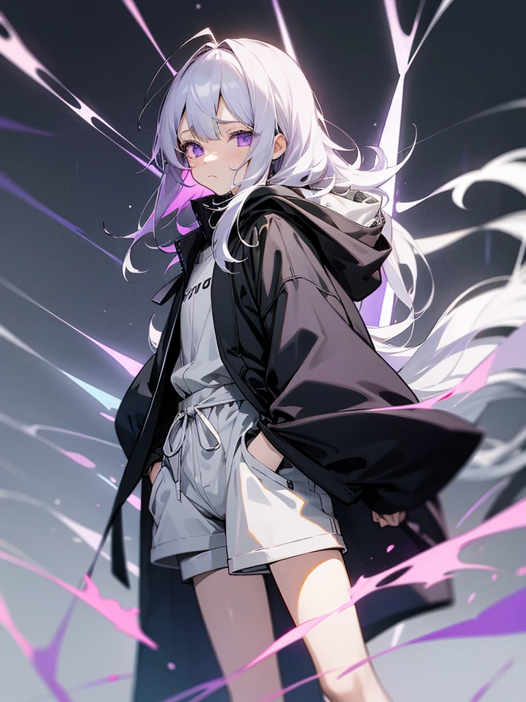 A little dark anime style、Gray Hair、10th Generation、Light purple eyes、A slightly sad face、Large black parka、White shorts