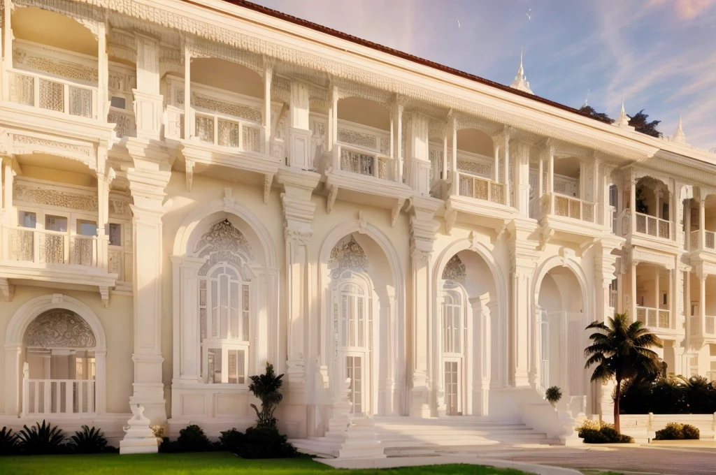 There was a large white building with several balconies on top., neo - classical style, neo classical architecture, Architectural visualizations, classical architecture, Architectural renderinging, Stunning grand architecture, Architectural rendering, precise Architectural renderinging, neoclassical style, Corona rendering, detailed classical architecture, Detailed complex rendering, elegant architecture, Colonial style, Render in vray, exquisite architecture,Add Thai patterns to your work