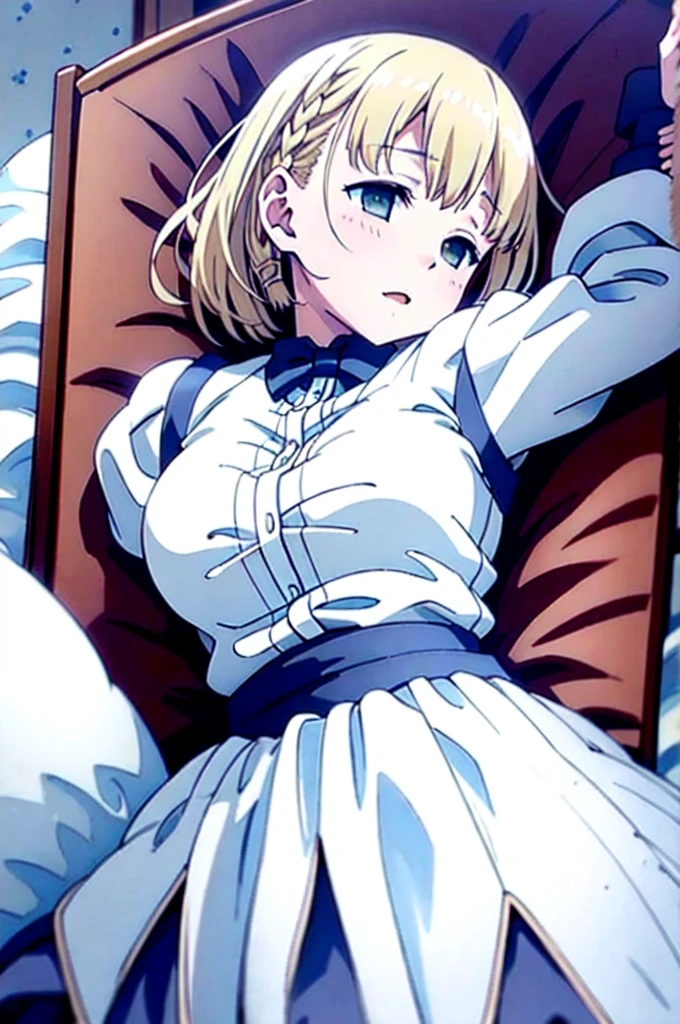 highest quality、cinematic lighting、girl wearing a white dresini skirt、blonde hair、Sleep on a frilled bed with a canopy、watercolor painting、