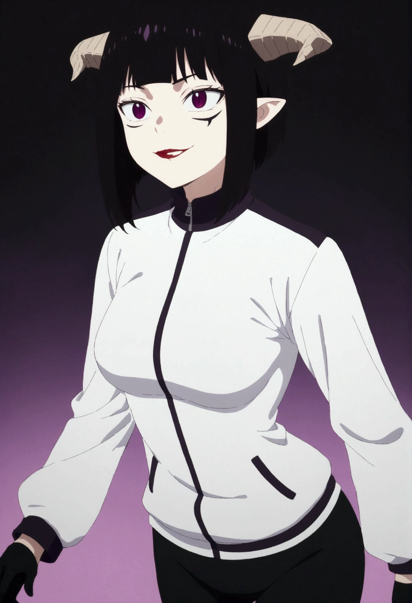 wearing white and purple gym jacket,horn hair,purple eyes shining bright,legging preta e roxa de academia,purple aura,evil smile,bangs on the eyes,detailed hair