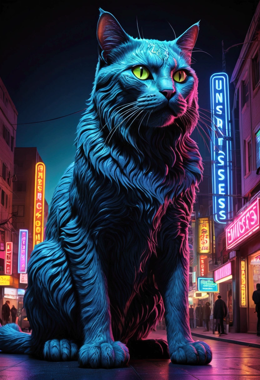 (Giant Cat monster), neon city, in the style of neon lights, studio photography, lithograph, photo taken with provia, sharpen lens, chiaroscuro portraitures, sombre, full body, award-winning, cinematic still, emotional, vignette, dynamic, vivid, (masterpiece, best quality, Professional, perfect composition, very aesthetic, absurdres, ultra-detailed, intricate details:1.3)