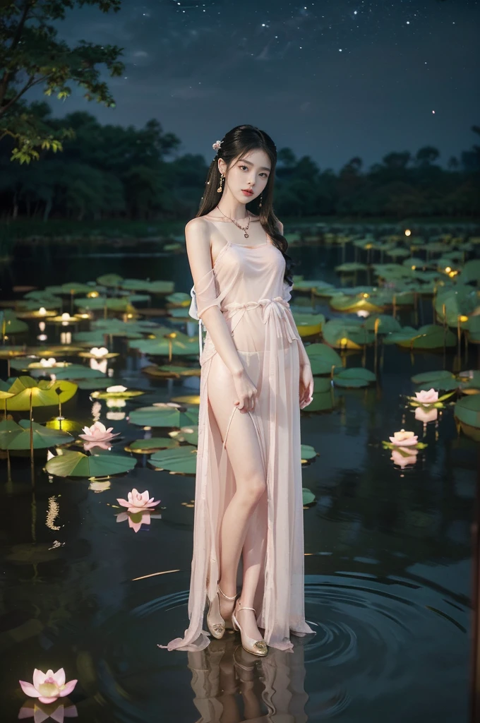 (((best quality))),(((ultra detailed))),(((masterpiece))),illustration,((1 beautiful young  girl,solo)),((slim,thin)),(shoulder length straight hair:1.2),((earrings,necklace)),((small breasts,flat chest)),(see through traditional pink sheer Hanfu dress:1.3),((slender legs,loafers)),(beside the lotus pond full of lotus flowers:1.3), serene moonlight, ethereal,floral pattern, water movement, billowing fabric, tranquil,petals, fireflies, magical, light,warm light, dreams, invitation, (standing:1.3),(arms behind back:1.3),gazing, reflection, inner thoughts, emotional, sweet scent, natural beauty, solitude, hypnotic lull, eternal summer,(night scene:1.3), natural world, human spirit, celebration, backdrop, water, glow,((from front,full body))