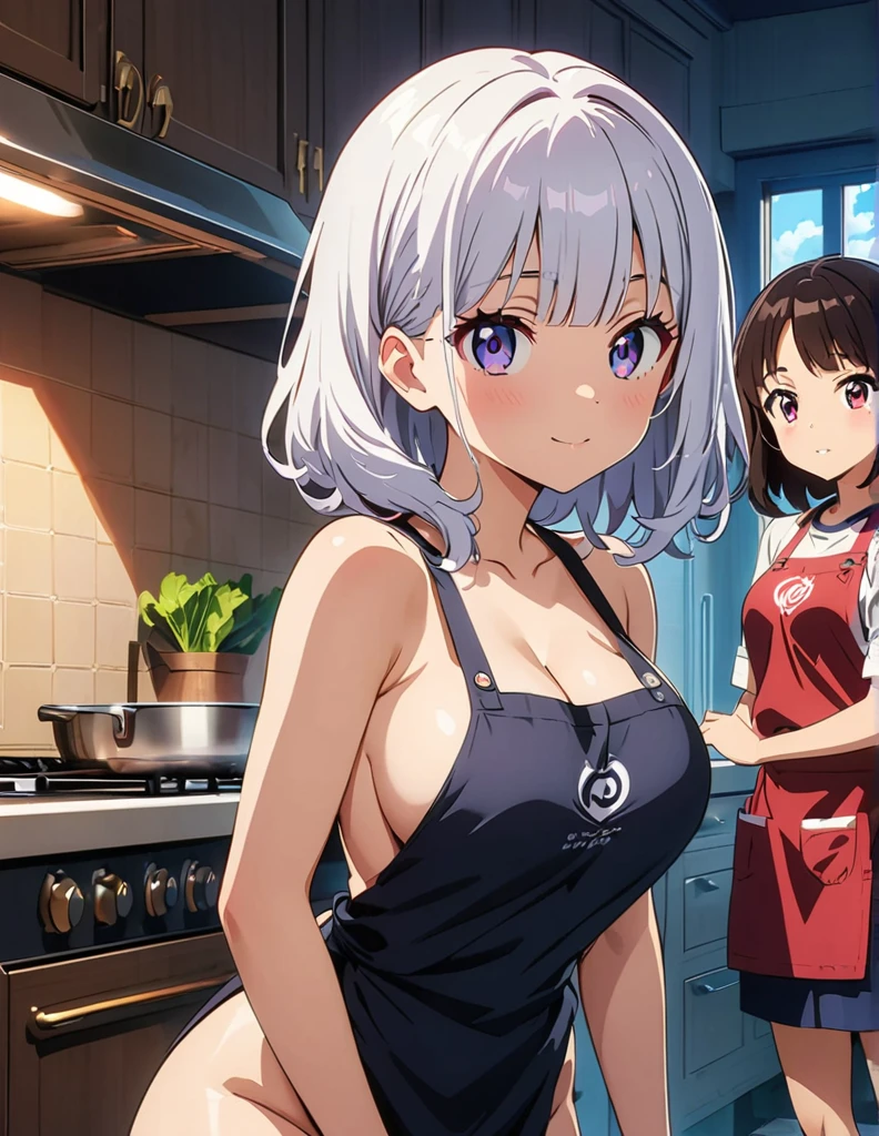 (anime artwork, anime style, studio anime, very detailed, up to date, vibrant, Anime Coloring, high contrast, masterpiece:1.2, best quality, best aesthetics),3 girl, Medium chest, A glimpse of thighs,random hair, One eye is hidden by the bangs, perfect proportions, high detail skin, Cute, detailed faces,kitchen, precise fingers, large breasts,cooking,apron on naked body,nsfw,