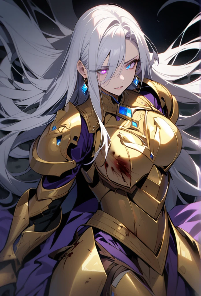 woman, blue eyes, long hair, white hair, , god eyes, diamond earings, glowing right eyes, two colors eyes, purple eyes, golden armor, injured, blood, dead