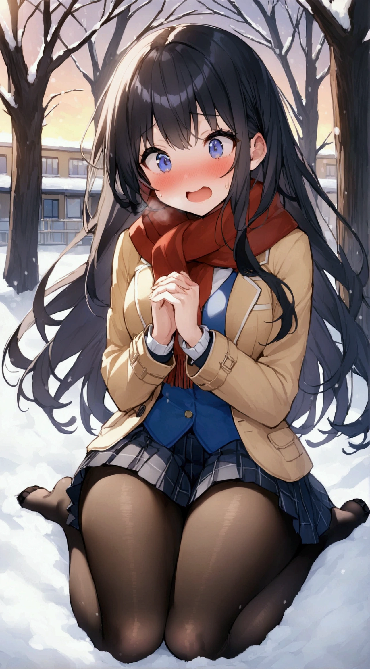 One Woman、beautiful girl、after school、evening、high school girl、Academy、Back of the school building、Schoolyard、winter、Under a big tree、It&#39;s snowing、Snowfall、Blazer uniform、Pleated skirt、Duffle coat、Black Pantyhose、Long Hair、Wearing a scarf、Highest quality,  Thick thighs、Big 、Big Ass、Black Hair、Slipping on snow、Slip and fall、Fall backwards spectacularly、Black panties、Surprised expression、Fall fancy、Face in pain、Slam one&#39;s ass on the ground、Girl sitting、Put your hands on your buttocks