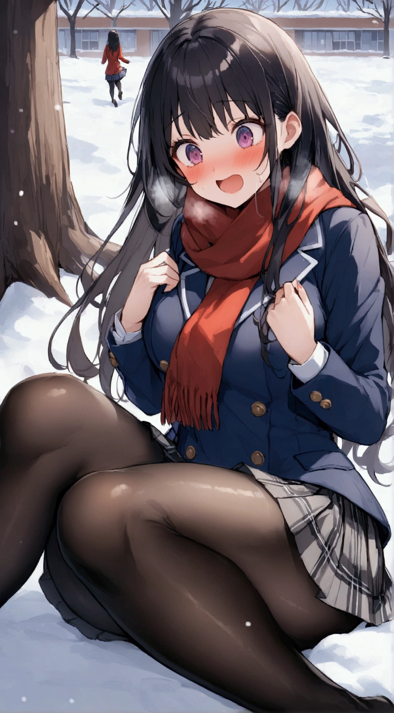 One Woman、beautiful girl、after school、evening、high school girl、Academy、Back of the school building、Schoolyard、winter、Under a big tree、It&#39;s snowing、Snowfall、Blazer uniform、Pleated skirt、Duffle coat、Black Pantyhose、Long Hair、Wearing a scarf、Highest quality,  Thick thighs、Big 、Big Ass、Black Hair、Slipping on snow、Slip and fall、Fall backwards spectacularly、Black panties、Surprised expression、Fall fancy、Face in pain、Slam one&#39;s ass on the ground、Girl sitting、Put your hands on your buttocks