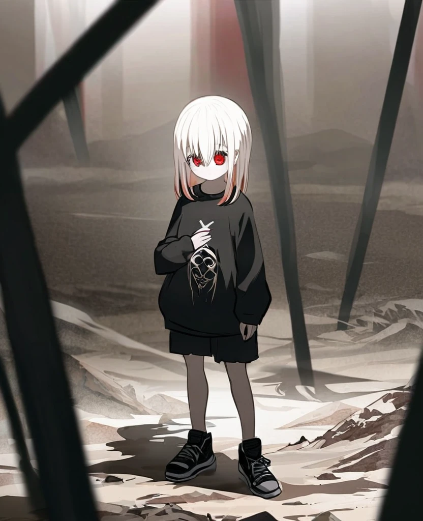Albino hair anime girl with short shoulder length hair, his eyes are bright red. female figure, He wears a black sweatshirt with an X in the center. He has an oni mask that covers his face., black jean shorts and black sneakers. In a desolate wasteland