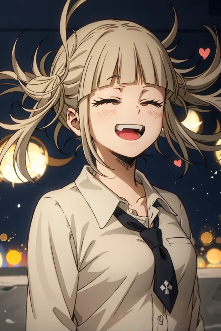 girl, White shirt,tie, whole body,Urban Background, (LOL:1.1), (Open your mouth:1.1), (Eyes Wide Open:1.2), Bokeh, Grinning face,Depth of written boundary, Blurred Background, Particles of light, Strong winds, (Heart Particles:1.1)