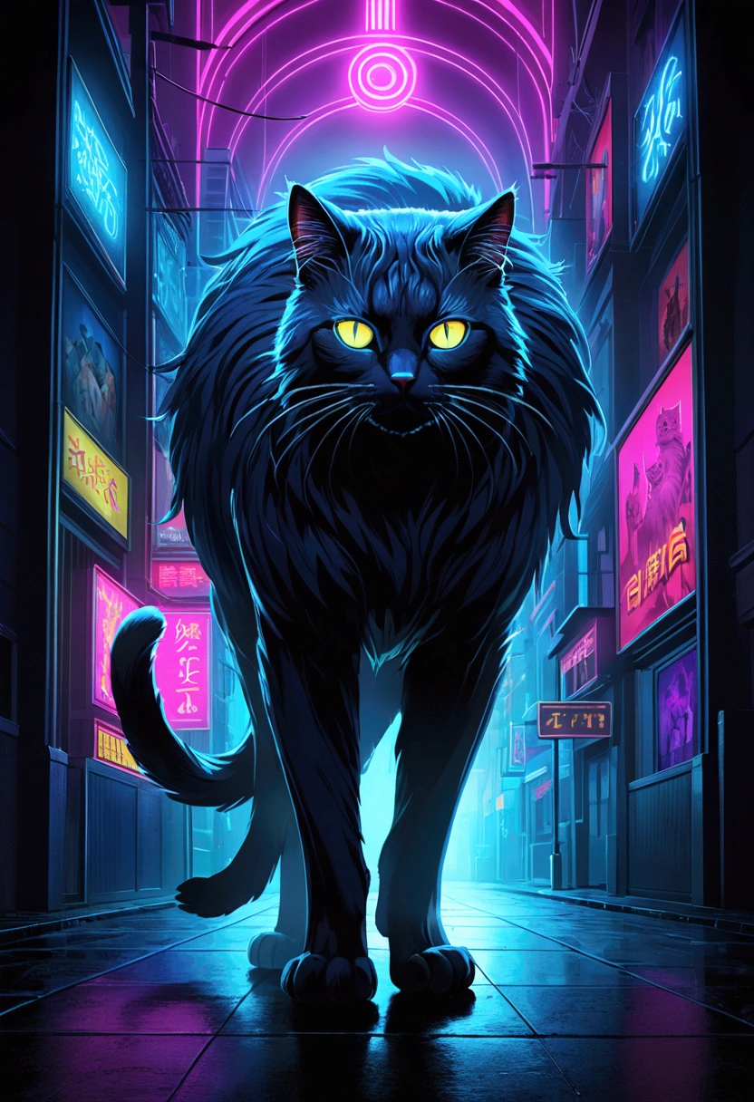 (Giant Cat monster), neon city, in the style of neon lights, studio photography, lithograph, photo taken with provia, sharpen lens, chiaroscuro portraitures, sombre, full body, award-winning, cinematic still, emotional, vignette, dynamic, vivid, (masterpiece, best quality, Professional, perfect composition, very aesthetic, absurdres, ultra-detailed, intricate details:1.3)