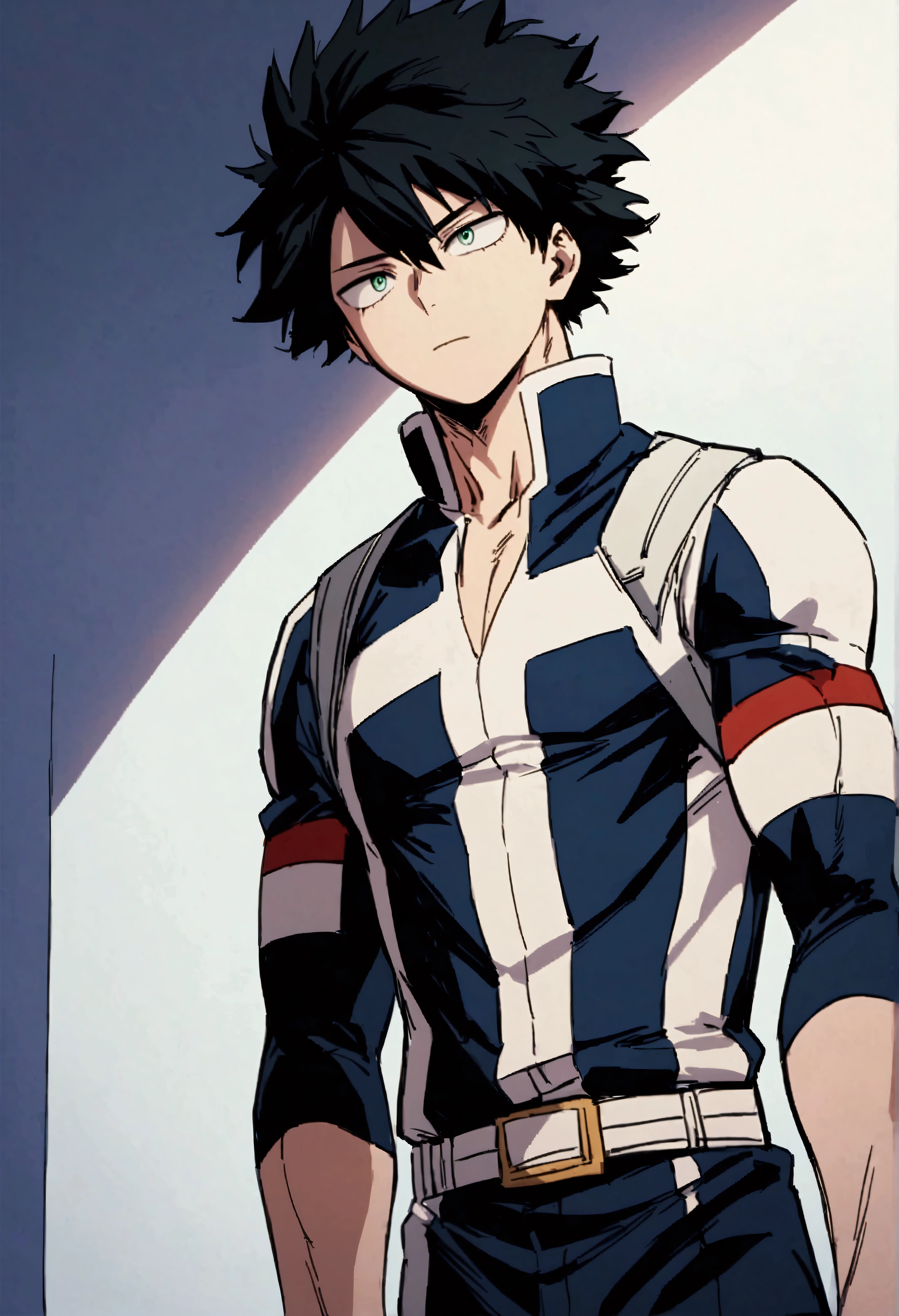 He is a 17 year old teenager, He has slightly disheveled very black hair..., somewhat light green eyes, (front angle ) , muscular body , He is dressed in the anime uniform. "my hero academia", with an open jacket 