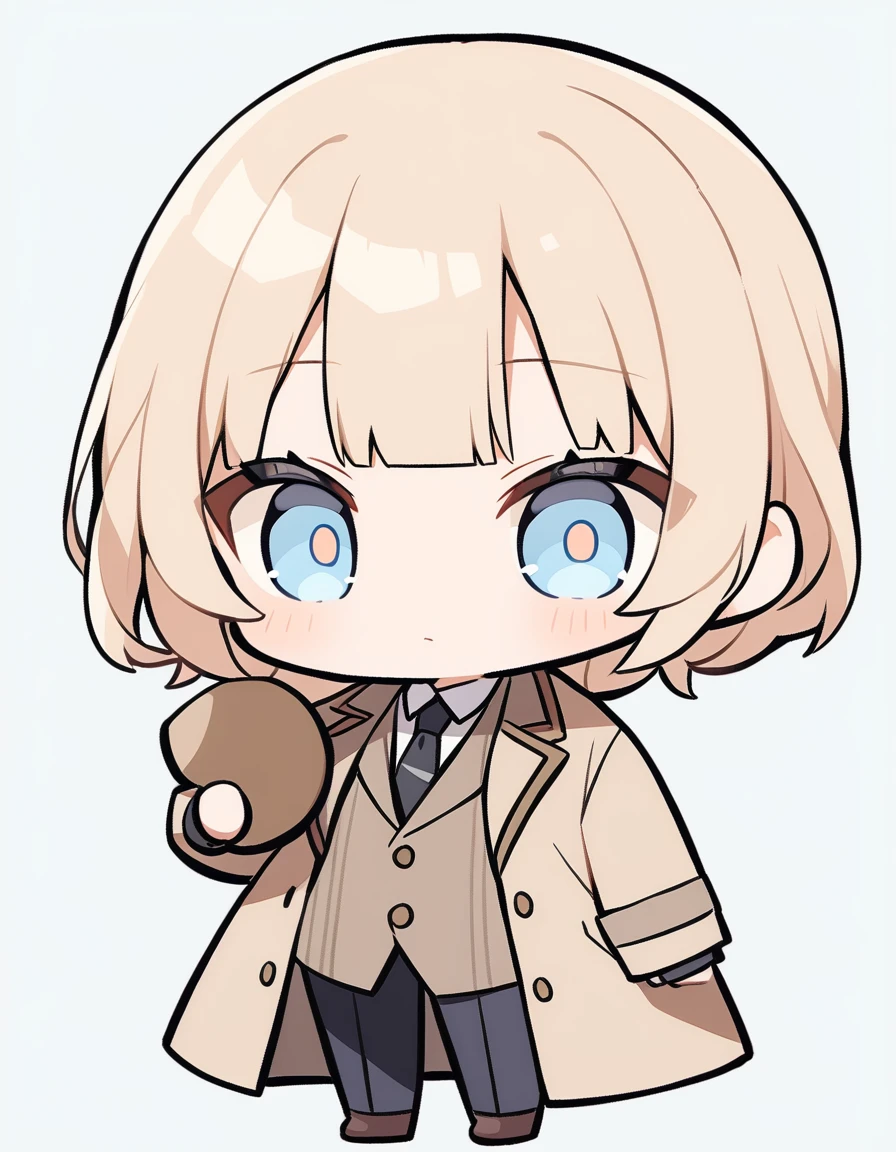 One girl, Beige hair、long、Bangs、Detective Suit、chibi,Light blue eyes、simple background