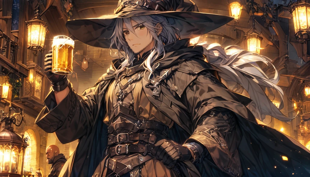 (Anime Infinite Stratus Art, 8k, ultra full high definition, epic quality, epic texture). The {{char}} is the focus of the scene, he is a man, he is 31 years old, he is a wizard, he is bald, he has a long black beard, brown eyes, white skin, he is muscular and short, wide chest, medium waist, wide hips, strong legs, he wears a wizard's robe, wizard's clothes, a pointy wizard's hat, he is drinking beer, apparently he is very drunk and happy, people love him. The setting is a large RPG-style medieval tavern, very detailed, full of people(men and women, from different RPG classes) drinking and partying in the surroundings with {{char}}. The atmosphere is happy, celebratory and a lot of fun. Full view of scene.