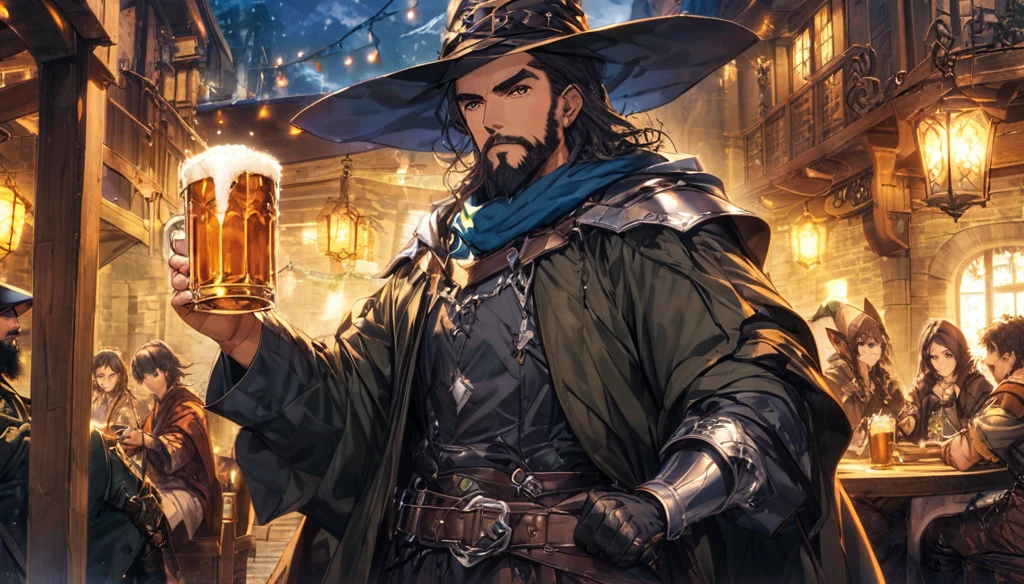 (Anime Infinite Stratus Art, 8k, ultra full high definition, epic quality, epic texture). The {{char}} is the focus of the scene, he is a man, he is 31 years old, he is a wizard, he is bald, he has a long black beard, brown eyes, white skin, he is muscular and short, wide chest, medium waist, wide hips, strong legs, he wears a wizard's robe, wizard's clothes, a pointy wizard's hat, he is drinking beer, apparently he is very drunk and happy, people love him. The setting is a large RPG-style medieval tavern, very detailed, full of people(men and women, from different RPG classes) drinking and partying in the surroundings with {{char}}. The atmosphere is happy, celebratory and a lot of fun. Full view of scene.