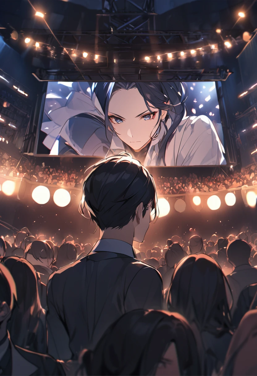 Prompt: "Generate a photorealistic image of an American man resembling Mentalist Daigo, standing on stage. He is wearing a suit similar to Daigo's and has the same hairstyle. The man is giving a light flick to a woman's forehead (known as a 'dekopin') while reading her mind. The stage is lit with spotlights and there are silhouettes of an audience in the background."