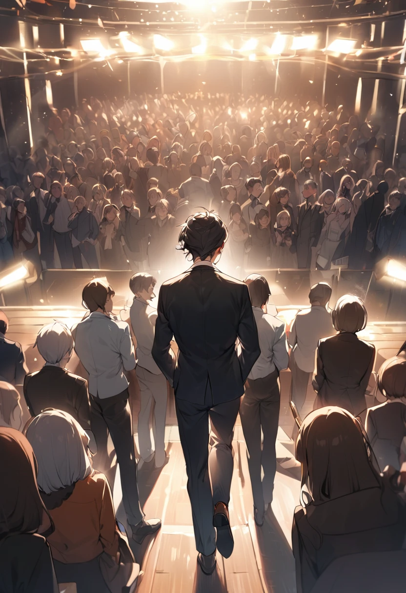 Prompt: "Generate a photorealistic image of an American man resembling Mentalist Daigo, standing on stage. He is wearing a suit similar to Daigo's and has the same hairstyle. The man is giving a light flick to a woman's forehead (known as a 'dekopin') while reading her mind. The stage is lit with spotlights and there are silhouettes of an audience in the background."