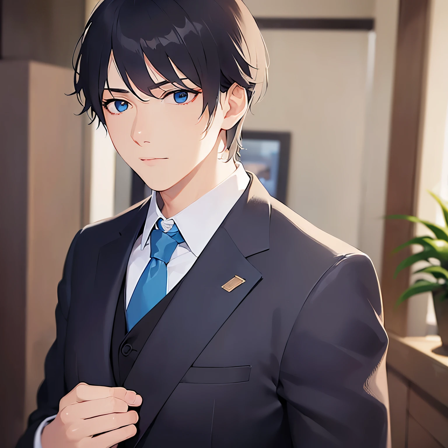 (looking away:1.5), upper body、Side shot、Looking at the screen,masterpiece、Highest quality、(25-year-old male:1.5) and(Black short hair) and (blue eyes), (suit:1.5) and (Blue tie)、Serious, Background is an office room、(Alone:1.5)