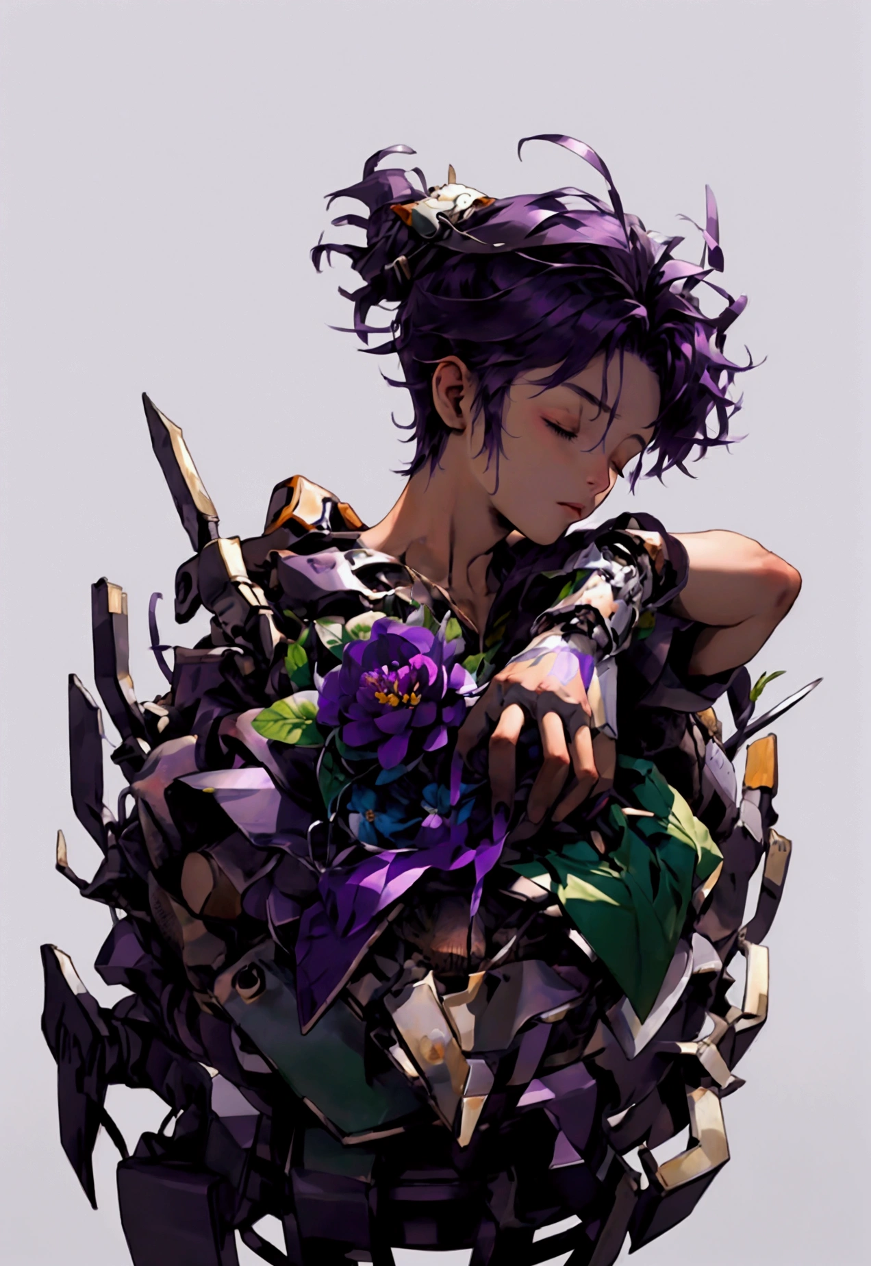 ((Artwork, high quality)), (a robotic hand emerging from a pile of trash and scrap), (delicately holding a flower), (attached to the arm of a teenage boy), (the rest of his body buried beneath the junk), (purple hair), (eyes closed, giving the impression of lifelessness), (environment completely filled with junk).






