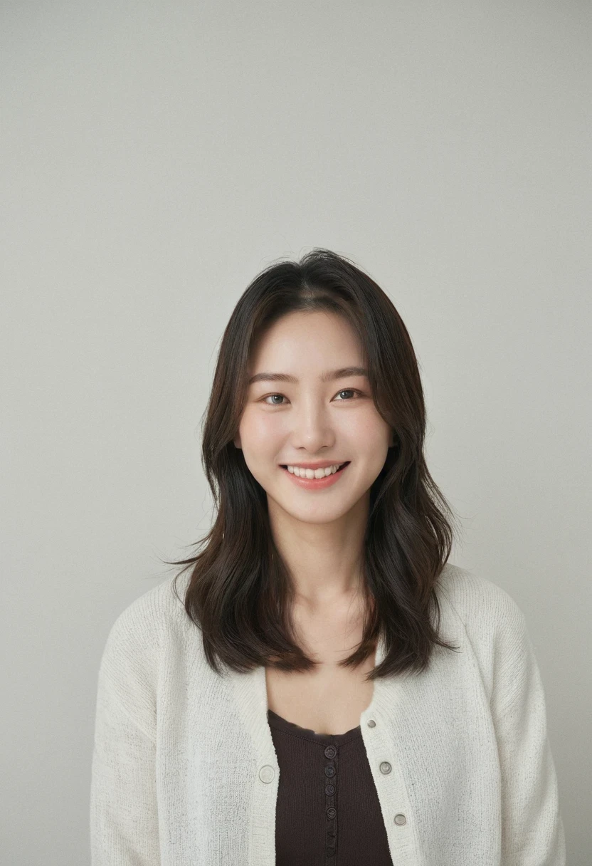 Best Quality, 8k, Masterpiece, (Portrait: 1.3), (photo realistic:1.4), (hyper realistic:1.4), Sharp Focus, looking at viewer, (smoother lighting:1.1), (increase cinematic lighting quality:0.9), realistic lighting, backlighting, light on face, ray trace, (brightening light:1.2), (Increase quality:1.4), sharp detail, (best quality real texture skin:1.4), finely detailed eyes, black_eyes, finely detailed face, 25 year old Korean woman,smiling_face