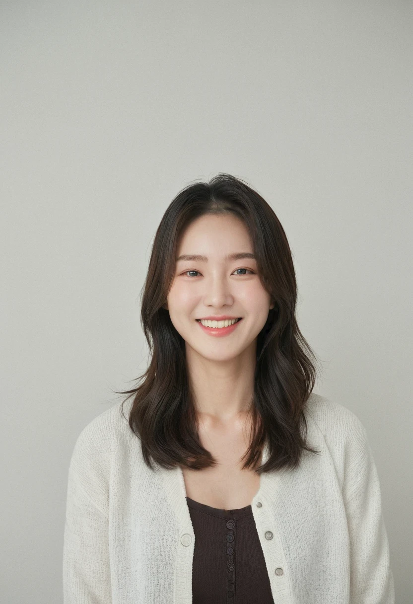 Best Quality, 8k, Masterpiece, (Portrait: 1.3), (photo realistic:1.4), (hyper realistic:1.4), Sharp Focus, looking at viewer, (smoother lighting:1.1), (increase cinematic lighting quality:0.9), realistic lighting, backlighting, light on face, ray trace, (brightening light:1.2), (Increase quality:1.4), sharp detail, (best quality real texture skin:1.4), finely detailed eyes, black_eyes, finely detailed face, 25 year old Korean woman,smiling_face
