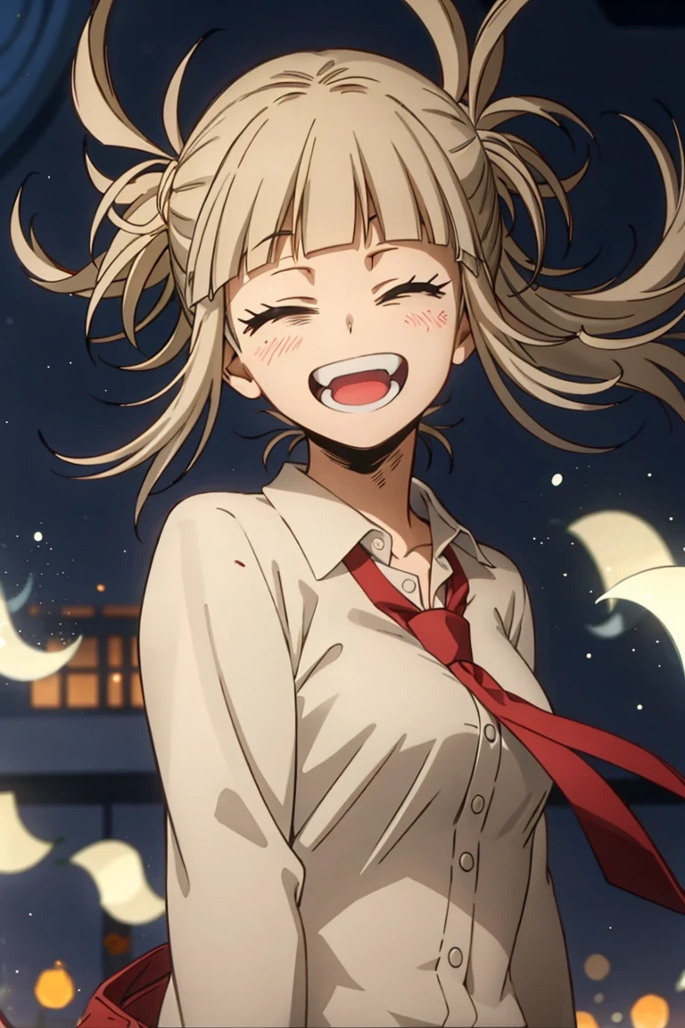 girl, White shirt,tie, whole body,Urban Background, (LOL:1.1), (Open your mouth:1.1), (Eyes Wide Open:1.1), Bokeh, Grinning face,Depth of written boundary, Blurred Background, Particles of light, Strong winds, (Heart Particles:1.1)
