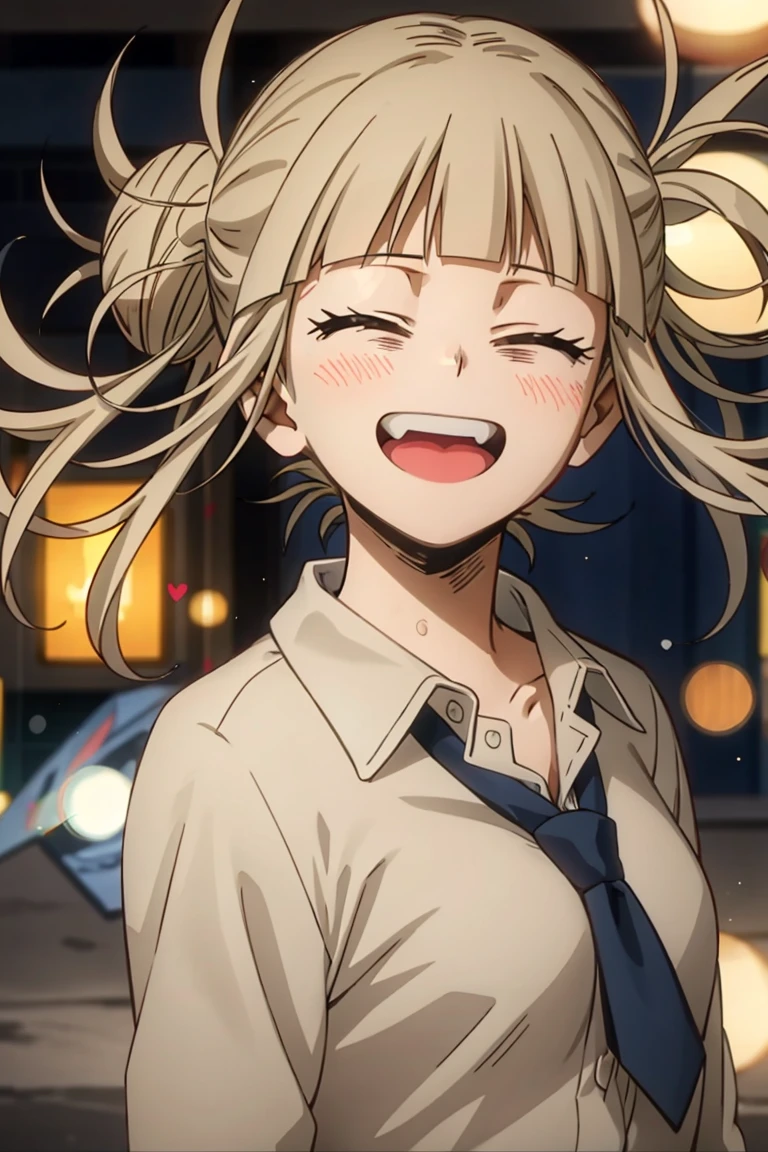 girl, White shirt,tie, whole body,Urban Background, (LOL:1.1), (Open your mouth:1.1), (Eyes Wide Open:1.1), Bokeh, Grinning face,Depth of written boundary, Blurred Background, Particles of light, Strong winds, (Heart Particles:1.1)