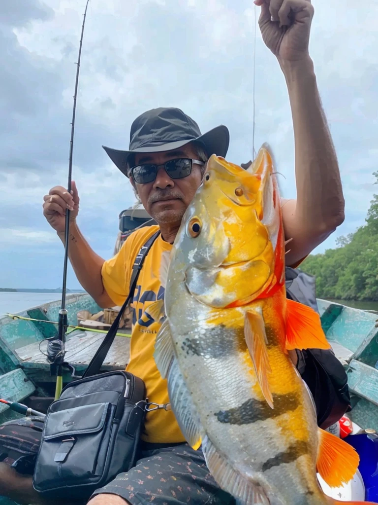 The fishing man get big fish (Black bass fish) highly detailed pale: 1.2), uhd, dslr, soft-lighting, high qualiy,