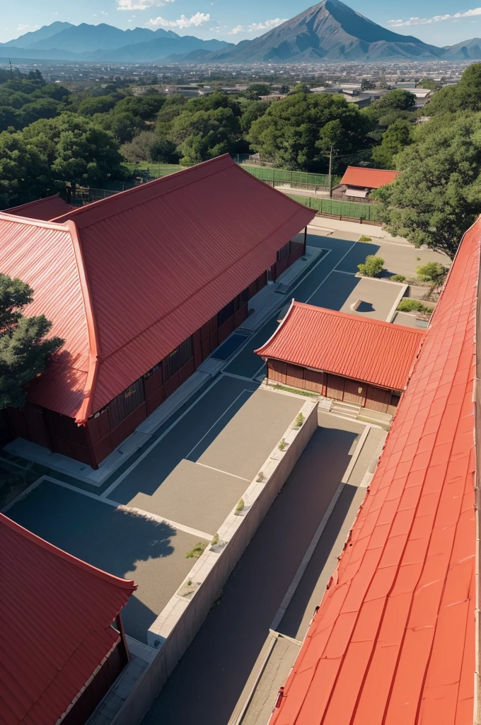 Anime image from above a dojo with a red roof and behind an extension of the dojo with a relatively small ninja training center With some targets and further back some mountains with a mountain bigger than them all having its top made of rocks 