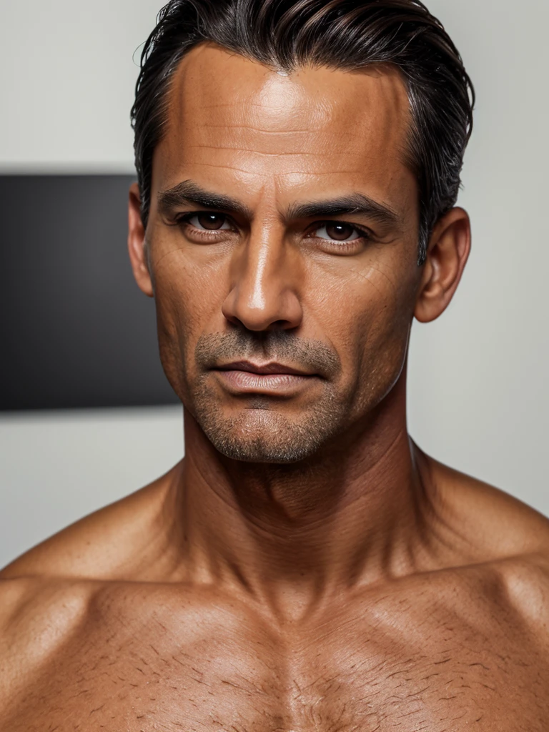(best quality), 1boy, Male, mature male, 46 years old, spanish, tanned skin, dark brown hair, short hair, hair slicked back, strands over eye, slightly wavy hair, brown eyes, perfect eyes, muscular, handsome, high cheekbones, strong jawline, rich clothes, masterpiece, anatomically correct, highres