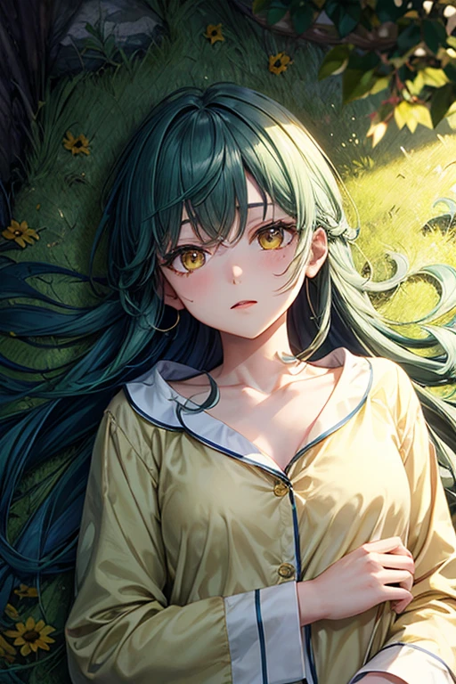top quality,Perfect Face, long dark green hair, yellow eyes, collarbone,Master of Light and Shadow,pajamas,Meadows in the wild,Bright starry sky,Lying lazily on the grass,Meteor Showers