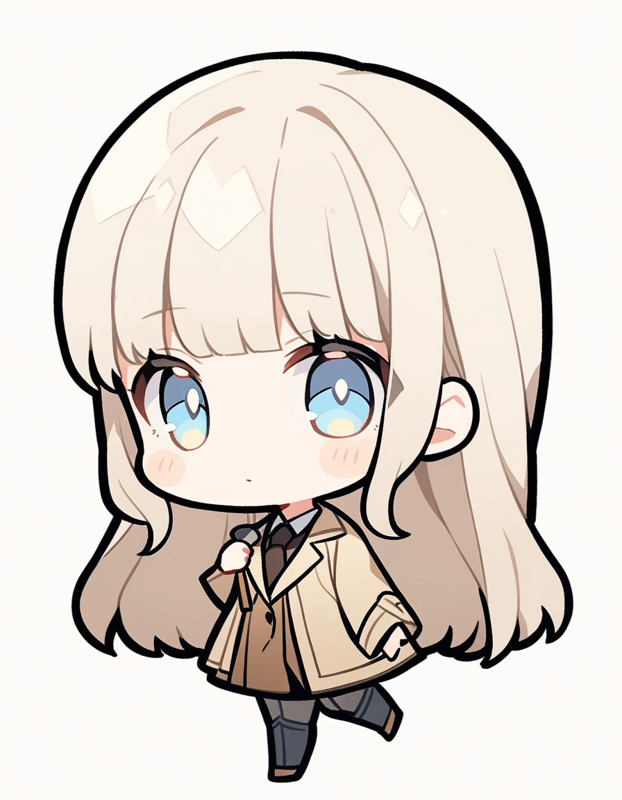 One girl, Beige hair、long、Bangs、Detective Suit、chibi,Light blue eyes、simple background