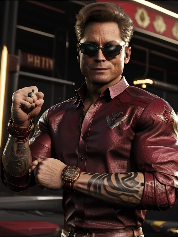 (Johnny Cage), cocky smirk, sunglasses, fists, Mortal Kombat, Character Design, dynamic lighting, cool and bright colors, (red and white shirt, arms tatoo) black jeans, upper body shot