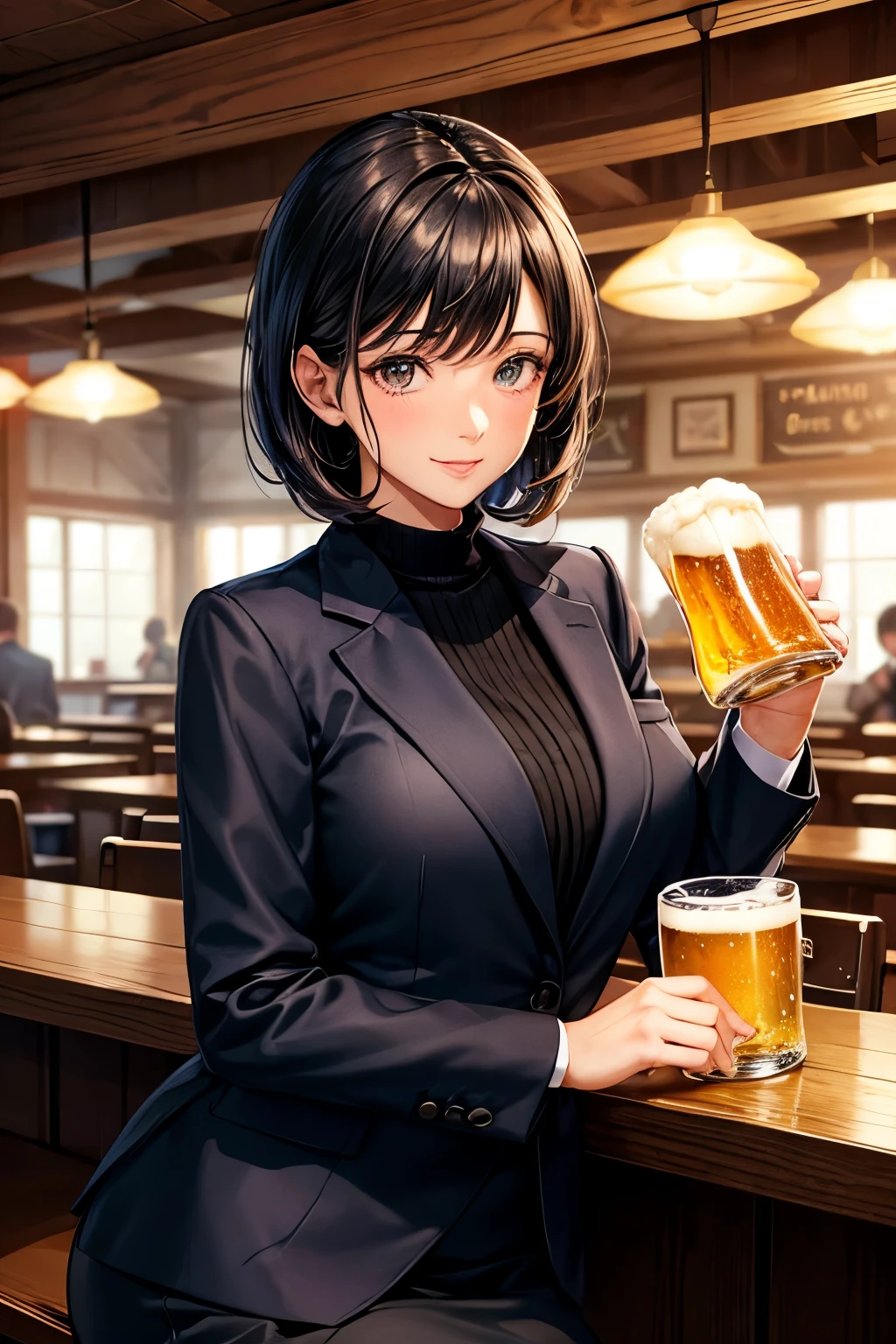 Only one female, Sit at the counter table, (Holding a beer mug) In one hand, office worker, Suit jacket, Stylish clothing, Mature Woman, /(Black Hair/) bangs, A gentle blushing smile, (Drunk:0.8), (Masterpiece Top quality:1.2) Delicate illustrations, super detailed, Big Break (A lively tavern) indoor, 1 bottle of beer, Crowded, (Warm lighting), Detailed Background