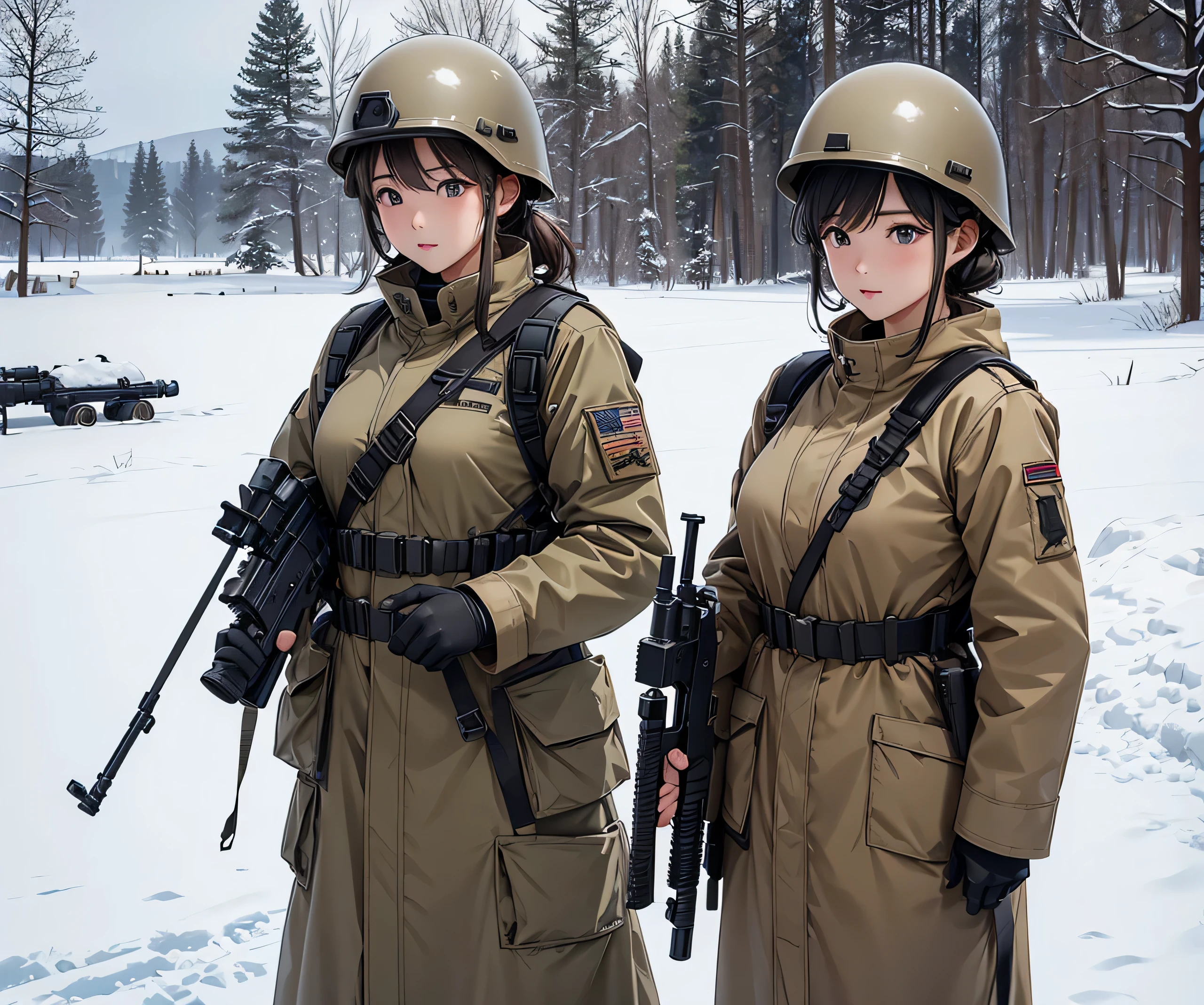 A group of female soldiers with guns in a snowy military camp、Wearing beige M-51 thick long coat、Wear a steel helmet、Magazine Pouch、Tactical harness、Gloves、Write details、masterpiece、best quality、Highly detailed CG、8K picture quality
