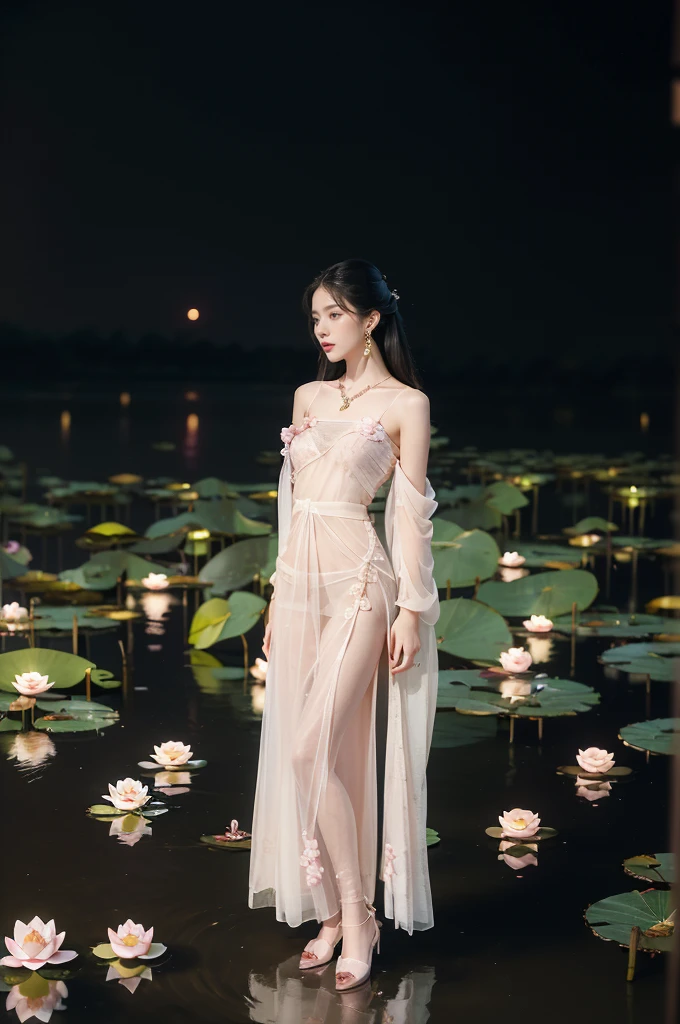 (((best quality))),(((ultra detailed))),(((masterpiece))),illustration,((1 beautiful young girl,solo)),((slim,thin)),(shoulder length straight hair:1.2),((earrings,necklace)),((small breasts,flat chest)),(see through traditional pink sheer Hanfu dress:1.3),((slender legs,loafers)),(beside the lotus pond full of lotus flowers:1.3), serene moonlight, ethereal,floral pattern, water movement, billowing fabric, tranquil,petals, fireflies, magical, light,warm light, dreams, invitation, (standing:1.3),(arms behind back:1.3),gazing, reflection, inner thoughts, emotional, sweet scent, natural beauty, solitude, hypnotic lull, eternal summer,(night scene:1.3), natural world, human spirit, celebration, backdrop, water, glow,(from front:1.3),(full body:1.3)