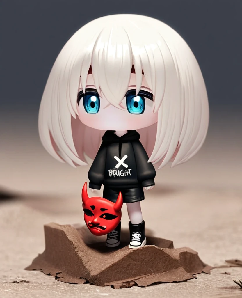 Albino hair anime girl with short shoulder length hair, his eyes are bright red. female figure, He wears a black sweatshirt with an X in the center. He has an oni mask that covers his face., black jean shorts and black sneakers. In a desolate wasteland