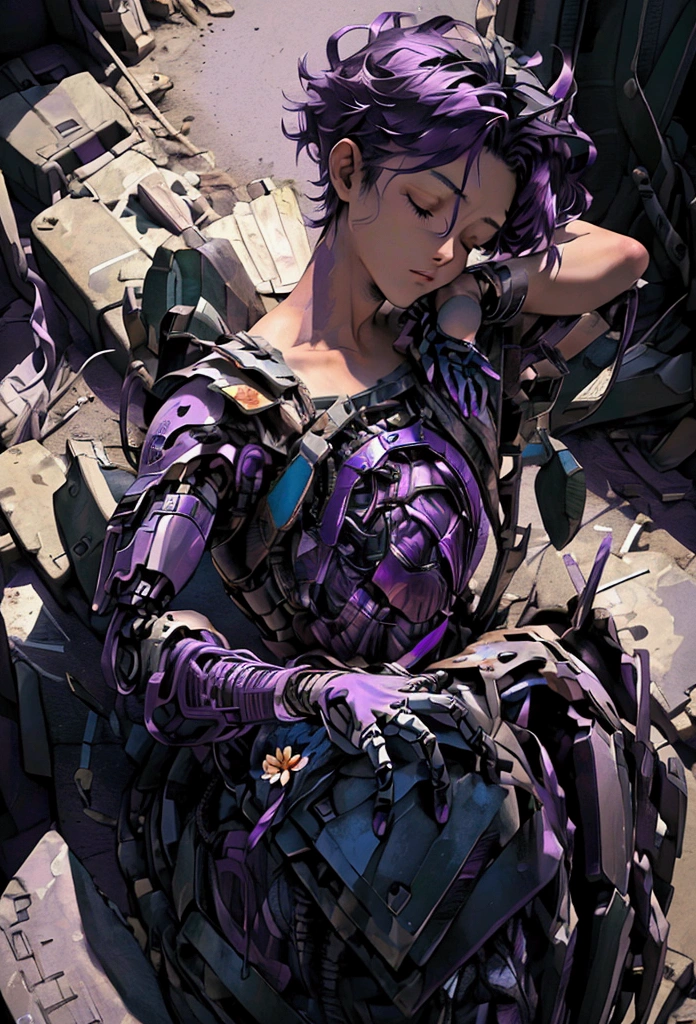 ((Artwork, high quality)), (a robotic hand emerging from a pile of trash and scrap), (delicately holding a flower), (attached to the arm of a teenage boy), (the rest of his body buried beneath the junk), (purple hair), (eyes closed, giving the impression of lifelessness), (environment completely filled with junk).






