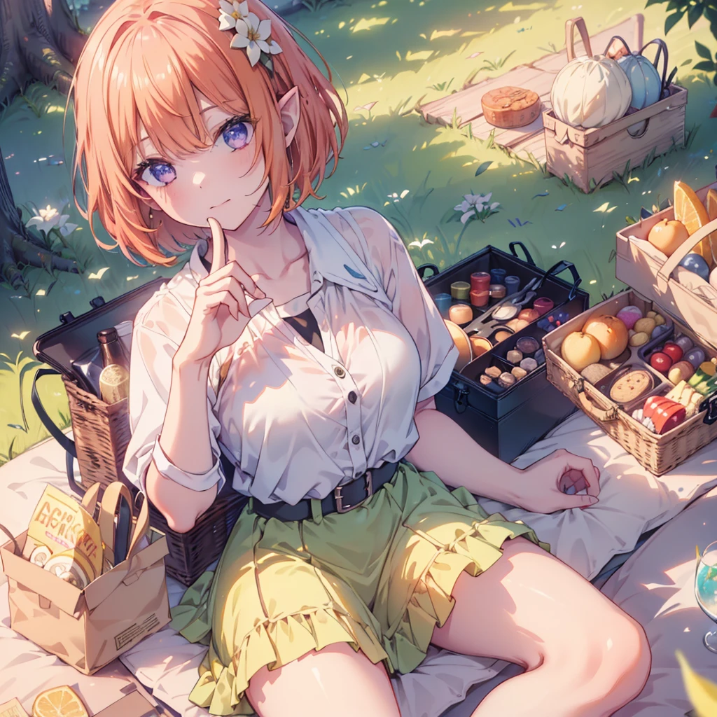 (Recall,food:1.3),(picnic:1.3),basket, Elf Ears, Park with a view, Highest quality, grassland park, blue sky, hiking, Best image quality,Perfect Anatomy,masterpiece,Ultra-detailed,beautiful,super high quality, Highest quality,High resolution, Very detailed,Game CG,Dutch Angle ,beautiful細部までこだわった目,Visual Arts,Five Fingers, Perfect hands,Hide your hands, {{{One Girl}}}, beautiful詳細な***, Game CG, Spring flower, One curl on the outside, Short Bob Hair, Pastel orange hair, Purple eyes,Stylish accessories solo, breast enhancement, Medium Shoot, woman, Take-out, Laughter, huge ,,Pastel green checkered mini skirt,Black knee-highs, {{{{{Wearing a pastel green camisole}}}}},Open your mouth, wonderful, beautiful細部までこだわった目, Highest quality, Very delicate,Masseter muscle area,Highest quality,(Official Art、Highest quality、Unity 8k wallpaper、32K、masterpiece、Ultra-detailed、超High resolution、Realistic、Photorealistic:1.2)、(Cinema Lighting:1.2)、Fire Glow Effect、The most grainy shadows on the film、Side light、Side Shot、(Ultra-detailedで複雑な3Dレンダリング)、Atelier Series, Multiple Girls．