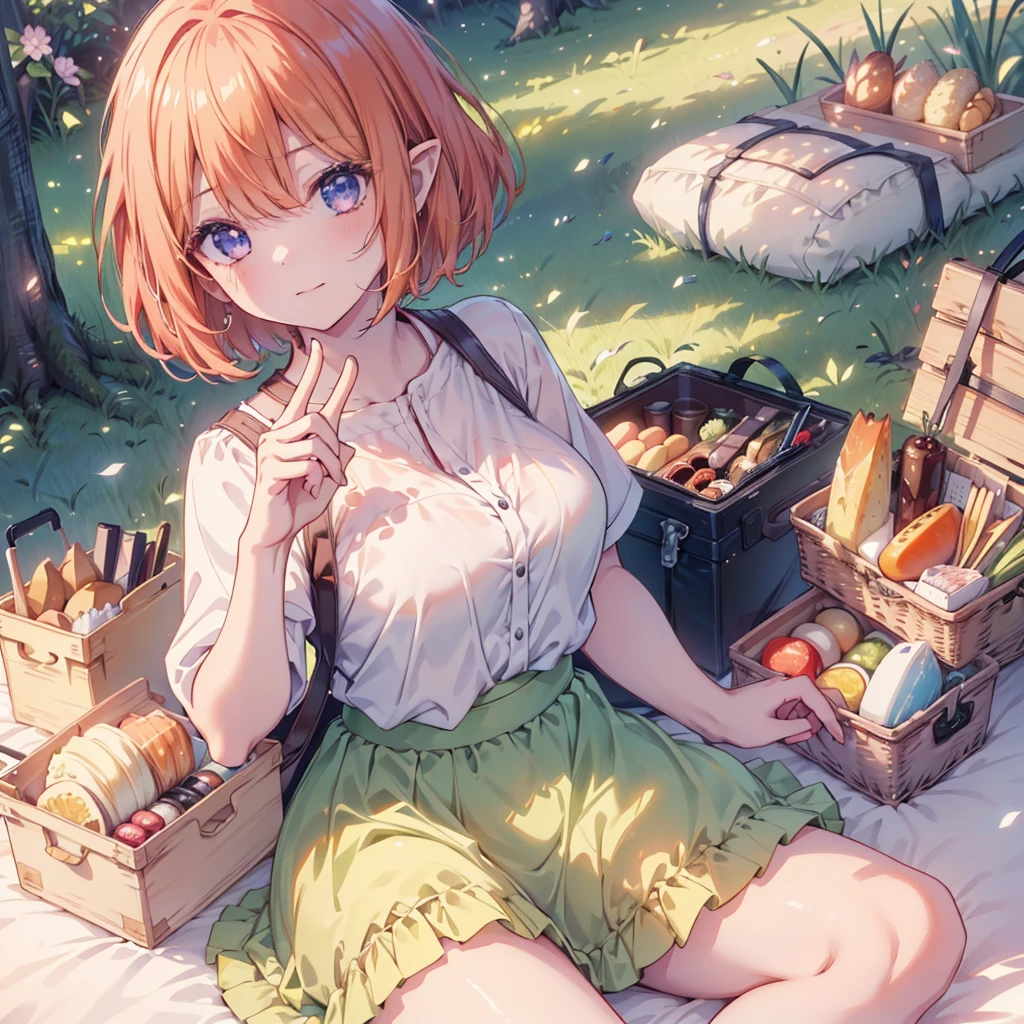 (Recall,food:1.3),(picnic:1.3),basket, Elf Ears, Park with a view, Highest quality, grassland park, blue sky, hiking, Best image quality,Perfect Anatomy,masterpiece,Ultra-detailed,beautiful,super high quality, Highest quality,High resolution, Very detailed,Game CG,Dutch Angle ,beautiful細部までこだわった目,Visual Arts,Five Fingers, Perfect hands,Hide your hands, {{{One Girl}}}, beautiful詳細な***, Game CG, Spring flower, One curl on the outside, Short Bob Hair, Pastel orange hair, Purple eyes,Stylish accessories solo, breast enhancement, Medium Shoot, woman, Take-out, Laughter, huge ,,Pastel green checkered mini skirt,Black knee-highs, {{{{{Wearing a pastel green camisole}}}}},Open your mouth, wonderful, beautiful細部までこだわった目, Highest quality, Very delicate,Masseter muscle area,Highest quality,(Official Art、Highest quality、Unity 8k wallpaper、32K、masterpiece、Ultra-detailed、超High resolution、Realistic、Photorealistic:1.2)、(Cinema Lighting:1.2)、Fire Glow Effect、The most grainy shadows on the film、Side light、Side Shot、(Ultra-detailedで複雑な3Dレンダリング)、Atelier Series, Multiple Girls．