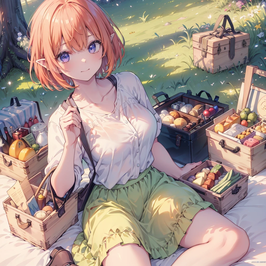 (Recall,food:1.3),(picnic:1.3),basket, Elf Ears, Park with a view, Highest quality, grassland park, blue sky, hiking, Best image quality,Perfect Anatomy,masterpiece,Ultra-detailed,beautiful,super high quality, Highest quality,High resolution, Very detailed,Game CG,Dutch Angle ,beautiful細部までこだわった目,Visual Arts,Five Fingers, Perfect hands,Hide your hands, {{{One Girl}}}, beautiful詳細な女の子, Game CG, Spring flower, One curl on the outside, Short Bob Hair, Pastel orange hair, Purple eyes,Stylish accessories solo, breast enhancement, Medium Shoot, woman, Take-out, Laughter, huge ,,Pastel green checkered mini skirt,Black knee-highs, {{{{{Wearing a pastel green camisole}}}}},Open your mouth, wonderful, beautiful細部までこだわった目, Highest quality, Very delicate,Masseter muscle area,Highest quality,(Official Art、Highest quality、Unity 8k wallpaper、32K、masterpiece、Ultra-detailed、超High resolution、Realistic、Photorealistic:1.2)、(Cinema Lighting:1.2)、Fire Glow Effect、The most grainy shadows on the film、Side light、Side Shot、(Ultra-detailedで複雑な3Dレンダリング)、Atelier Series, Multiple Girls．