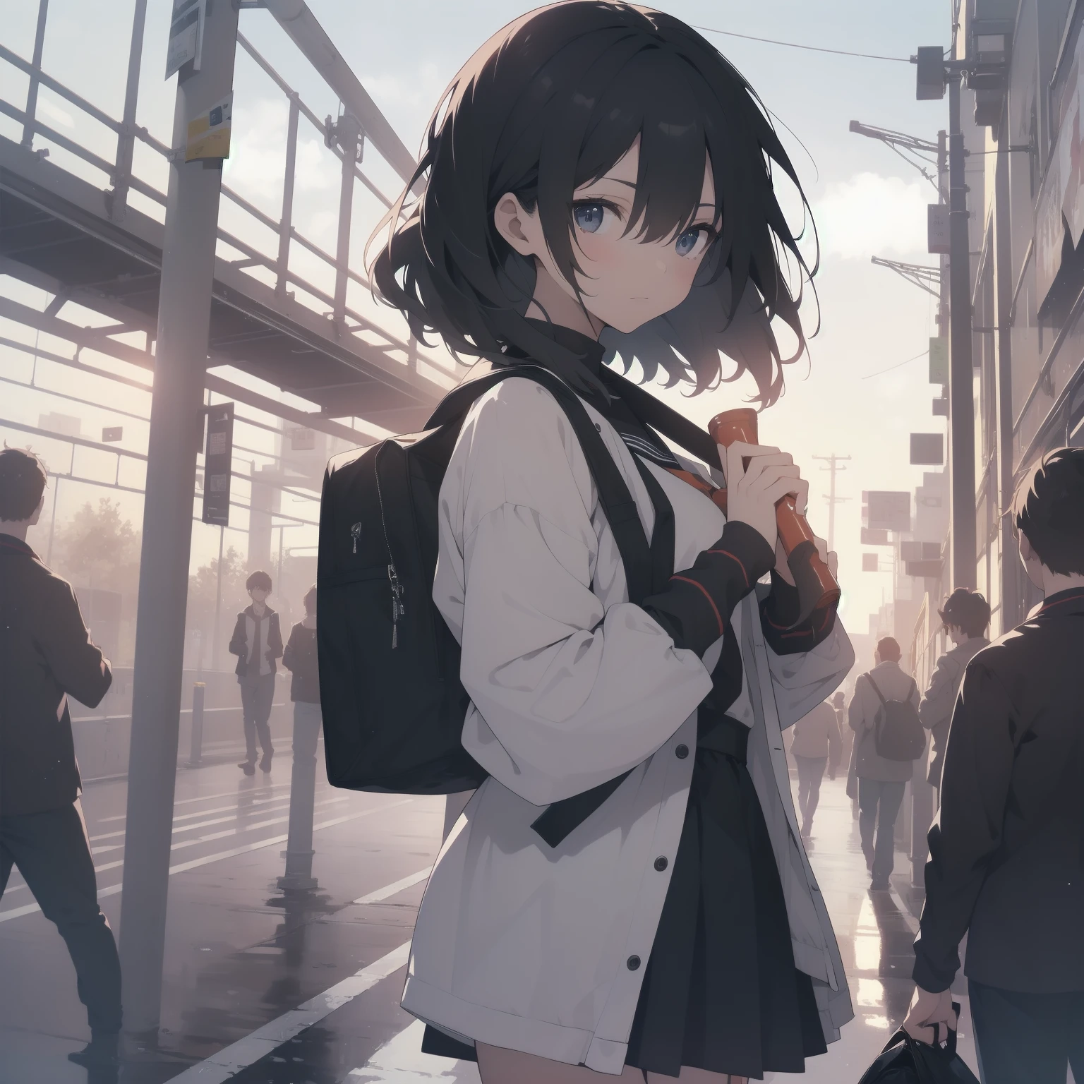 ultra-absurdres-Top quality by artist God, ultra-detailed, high resolution, anime moe artstyle, best anime 8k konachan wallpaper, pixiv contest winner, pool:2810, perfect anatomy,break, 1girl, (Please draw a girl walking sleepily to school alone. )break,(Solo,little female, 13-year-old:1.3),Full limbs, complete fingers,a junior high school student, (very short hair), short cut, flat chest, , small butt, small black eyes, beautiful detailed eyes, well-proportioned iris and pupils, expressive eyes, highres detailed hair, soft expression, salor school_uniform, sailor collar, serahuku, bow, pleated skirt,(Detailed Lighting), (Detailed background), in the School commute route. break,super detailed skin, Best cinematic lighting powered by famous artist, 8k,beauty illustration,photoshop_(medium),very aesthetic,break,((artist:kotorai )), artist:clamp ,artist:carnelian ,artist:kantoku ,
