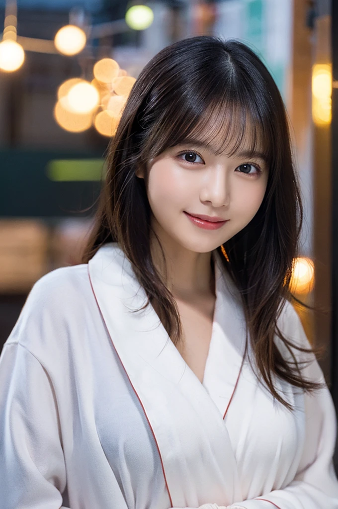 hyper realistic detail, (8k, RAW Photos, Top image quality, A masterpice:1.2), (Exquisite beautiful eyes: 1.2), ((1girl in)), (solo)), (bathrobe:1.4) , (walk:1.2), chest, (finely detailed eyes and detailed face:1.3), (beautiful and clear background:1.2), (extremely details CG, Ultra-detailded, Best Shadows:1.1), ((depth of field)), (water colour),, bare shoulder, Flowers and petals, beautiful concept illustration, (illutst:1.1), (extremely fine and beautiful:1.1)、(Perfect details:1.1)、ram、firework、by night、Realstic、Live Action、a smile