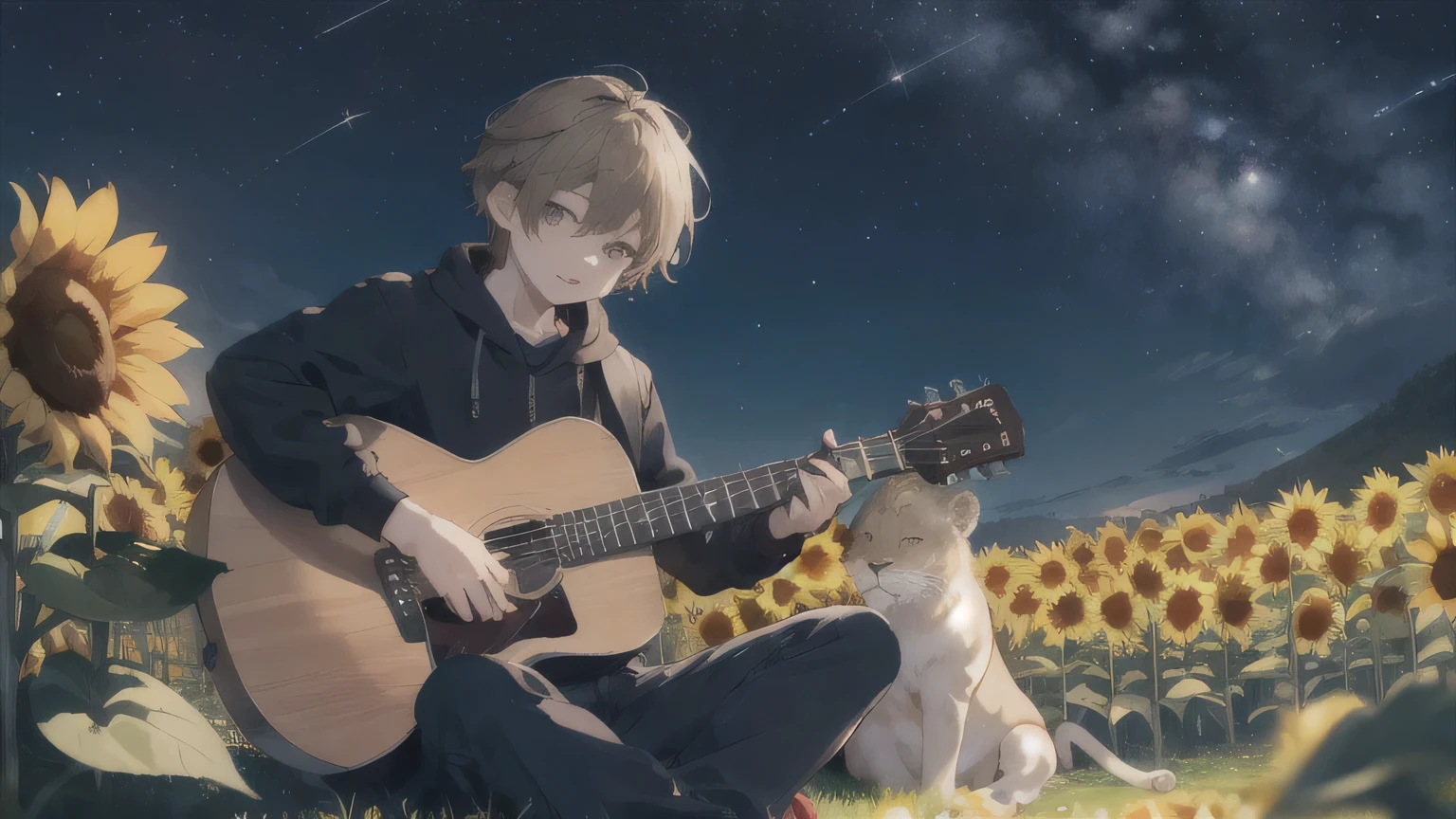 (masterpiece, Highest quality)comical,A boy playing guitar in a sunflower field at night,A lion sits next to the boy, Many stars in the night sky