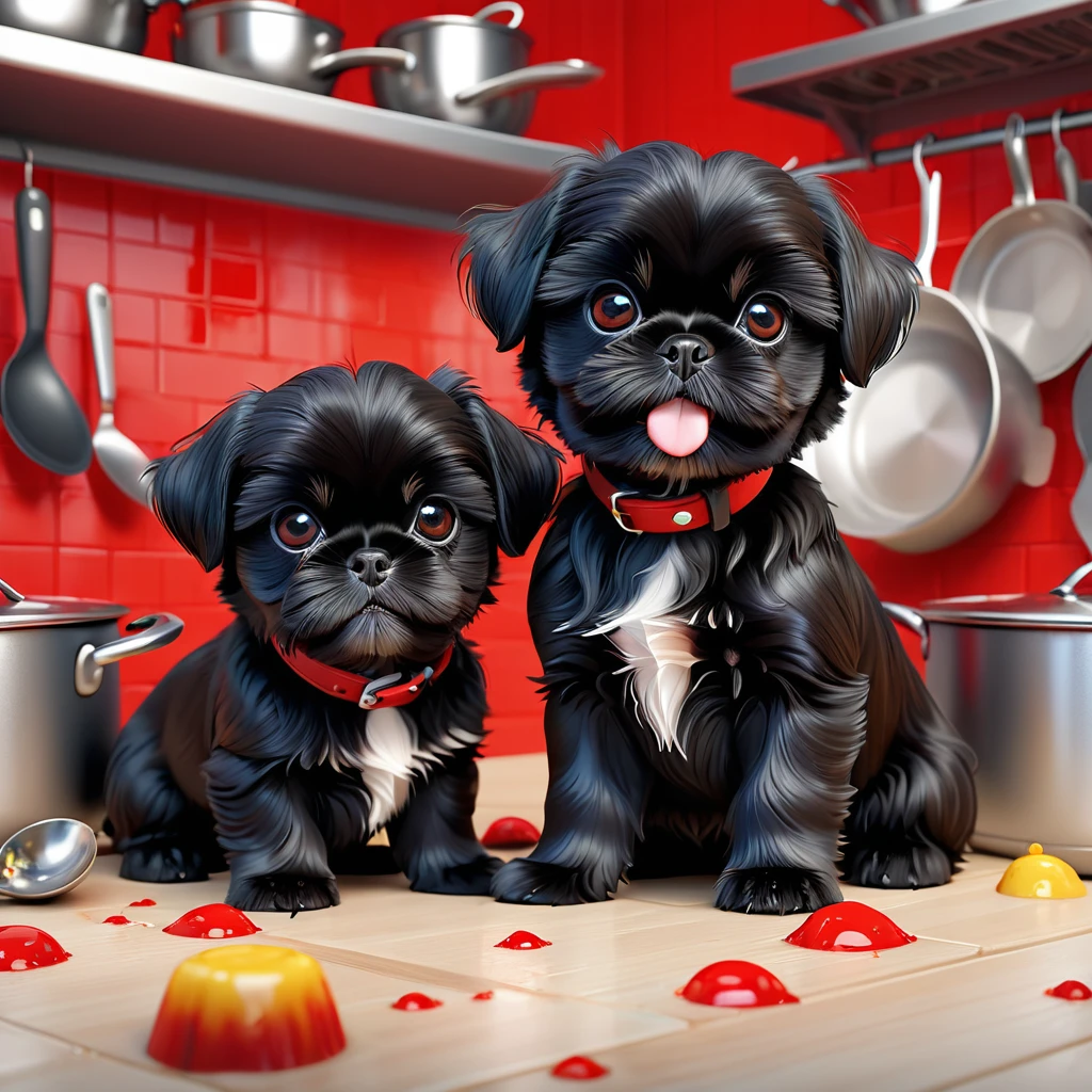 2 adorable small black shih tzu puppies, red collars, playing, making mess, disney kitchen, 3d cartoon, 3d render, disney pixar style, cute puppies, puppy eyes, adorable dogs, detailed fur texture, wet nose, tiny paws, wagging tails, mischievous expressions, disney-inspired background, realistic lighting, vibrant colors, highly detailed, photorealistic, 8k, masterpiece