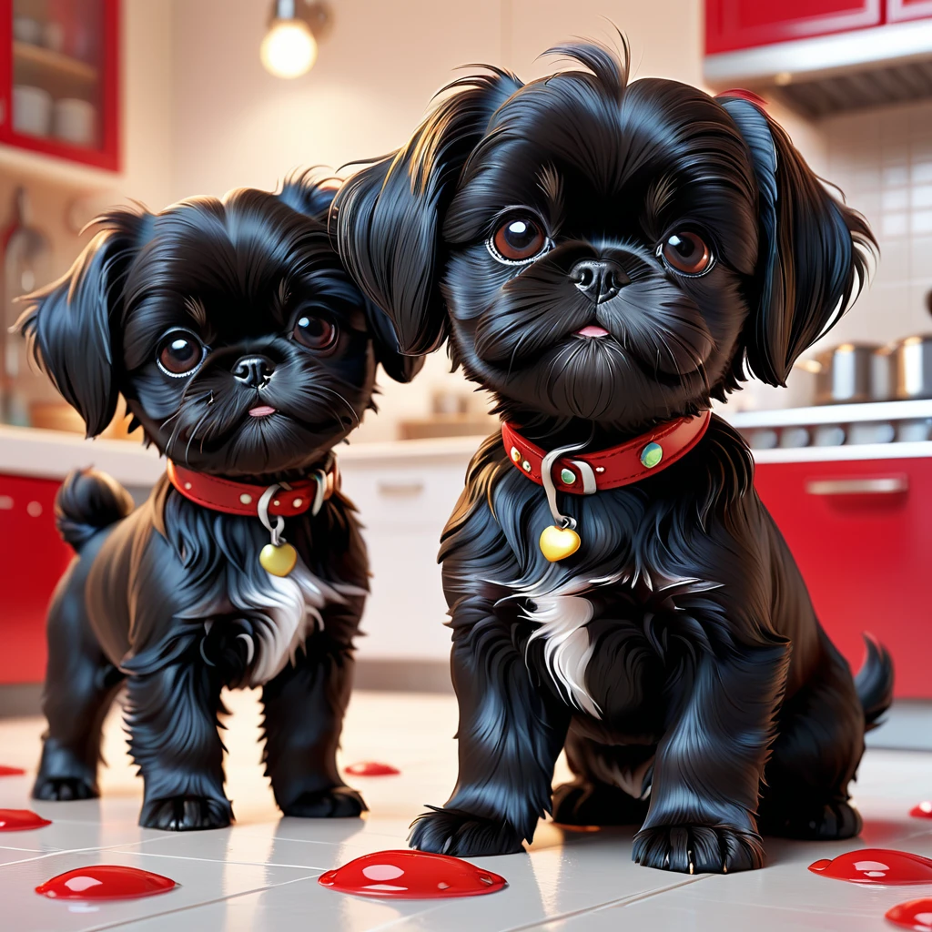2 adorable small black shih tzu puppies, red collars, playing, making mess, disney kitchen, 3d cartoon, 3d render, disney pixar style, cute puppies, puppy eyes, adorable dogs, detailed fur texture, wet nose, tiny paws, wagging tails, mischievous expressions, disney-inspired background, realistic lighting, vibrant colors, highly detailed, photorealistic, 8k, masterpiece