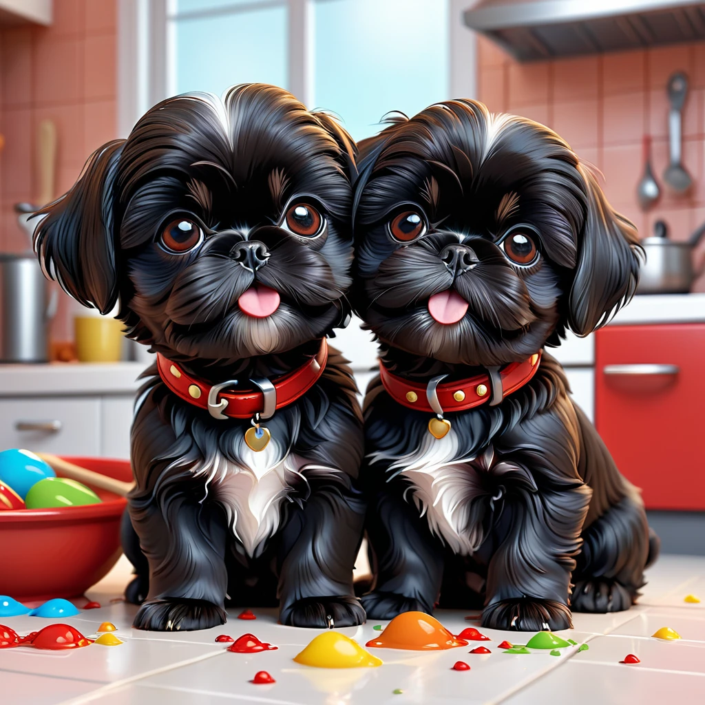 2 adorable small black shih tzu puppies, red collars, playing, making mess, disney kitchen, 3d cartoon, 3d render, disney pixar style, cute puppies, puppy eyes, adorable dogs, detailed fur texture, wet nose, tiny paws, wagging tails, mischievous expressions, disney-inspired background, realistic lighting, vibrant colors, highly detailed, photorealistic, 8k, masterpiece