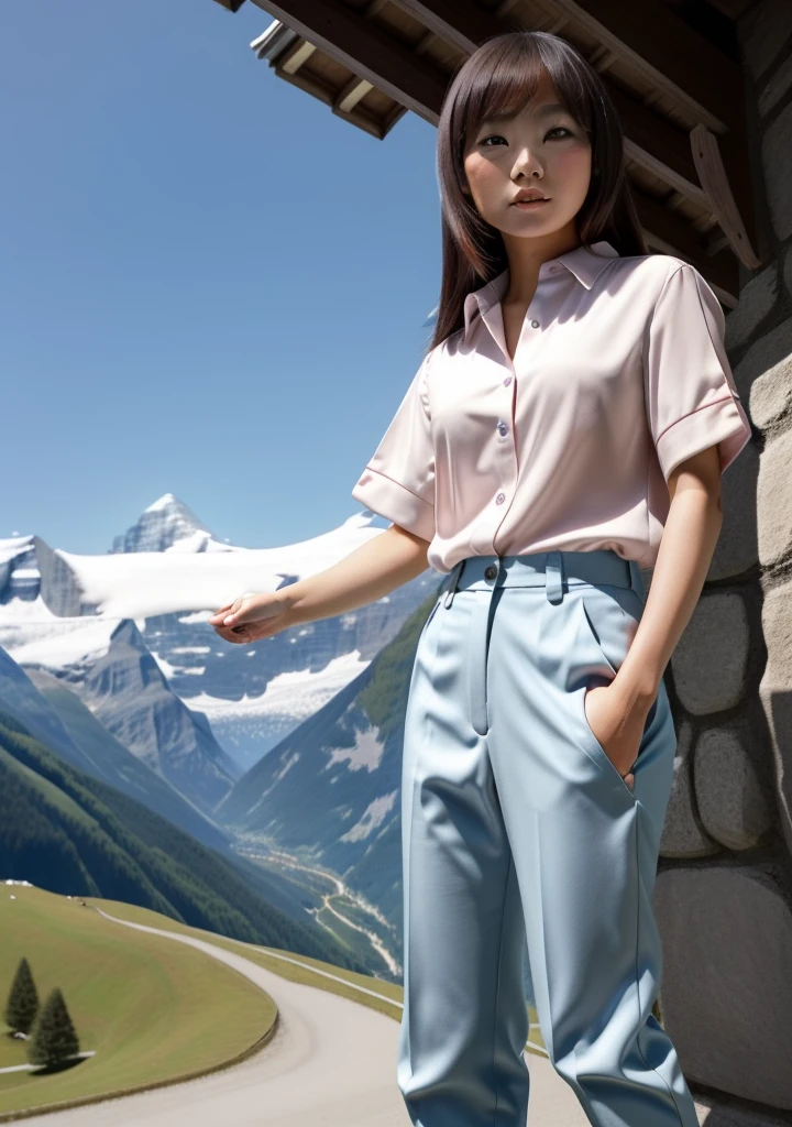 asian woman, full_body, standing, sandals, (shirt), pants, (swiss alps), (minitw: 1.3), perfect face, (contact iris: 1.1), pale skin, skin pores , depth of field