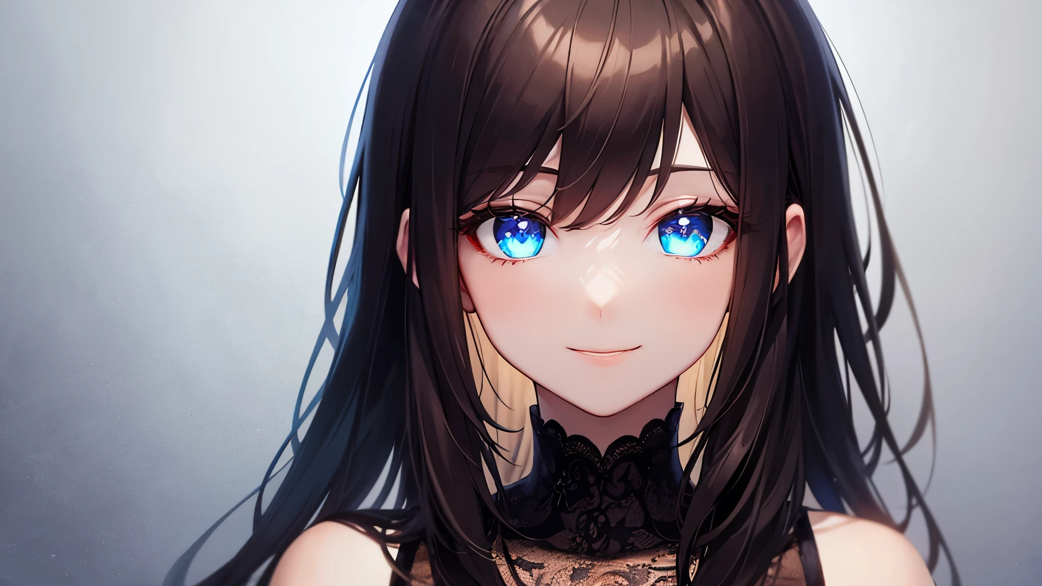 Highest quality, 8k, 4K, High resolution, High Contrast,1girl,only,Beautiful dark brown hair,Straight Long Hair,(Beautifully detailed face),Blue, clear eyes,Upper Eye,She has big breasts,２０generation, Happy, smile, , A wonderful sight